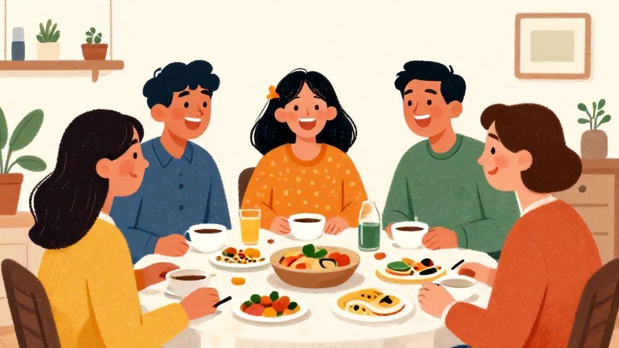 Illustration%20of%20a playful group laughing and ready to eat%2C casual home setting%2C vibrant colors%2C illustrated style
