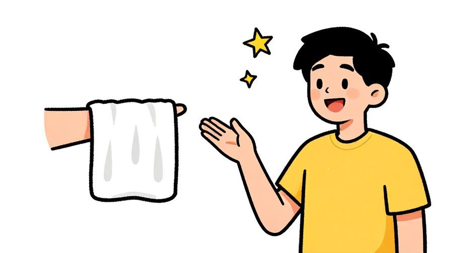 Illustration%20of%20a playful person casually asking for a towel with a grin, palm leaves and stars background, illustrated style