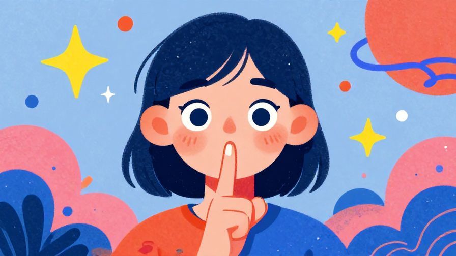 Illustration%20of%20a playful person emphasizing a secret with a finger to lips, surrounded by stars and abstract shapes, bright colors, illustrated style