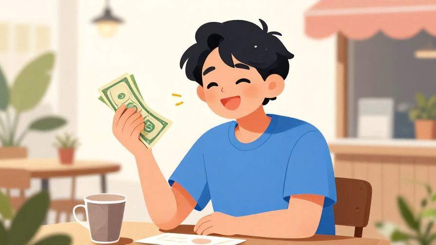 Illustration%20of%20a playful person winking while holding out money, casual outdoor cafe setting, bright colors, illustrated style