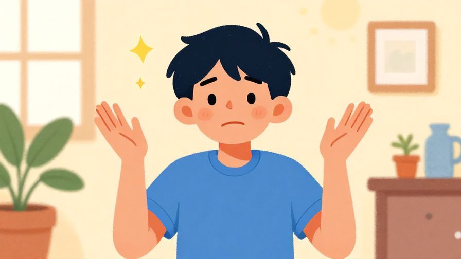 Illustration%20of%20a playful person with hands raised in mock frustration, bright room with cheerful colors, illustrated style