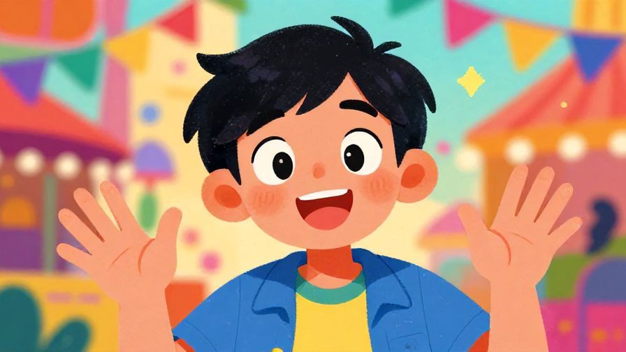 Illustration%20of%20a playful person with wide eyes and a bright smile, gesturing eagerly with hands, colorful festival background, vibrant colors, illustrated style