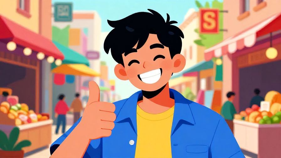 Illustration%20of%20a playful person%20grinning%20mischievously%20with%20a%20thumbs-up%20in%20a%20colorful%20street%20market%20background%2C%20vibrant%20colors%2C%20illustrated%20style