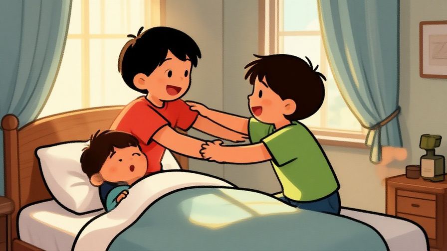 Illustration%20of%20a playful sibling nudging another awake in a cozy bedroom with sunlight filtering through curtains.%20Warm%20and%20cheerful%20colors%2C%20illustrated%20style