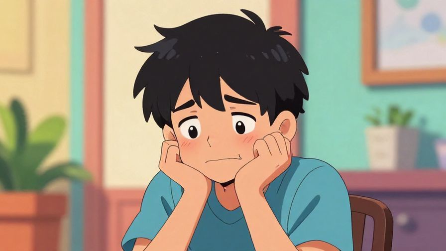 Illustration%20of%20a playful, slightly embarrassed character smiling nervously with hands near face, colorful casual background