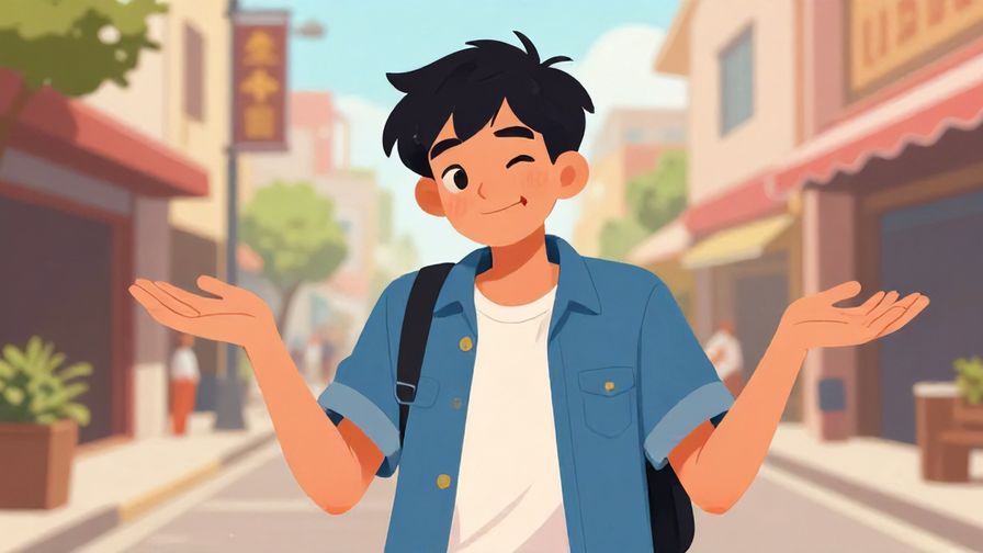 Illustration%20of%20a playful teenager shrugging with a cheeky grin, informal street scene, bright colors.