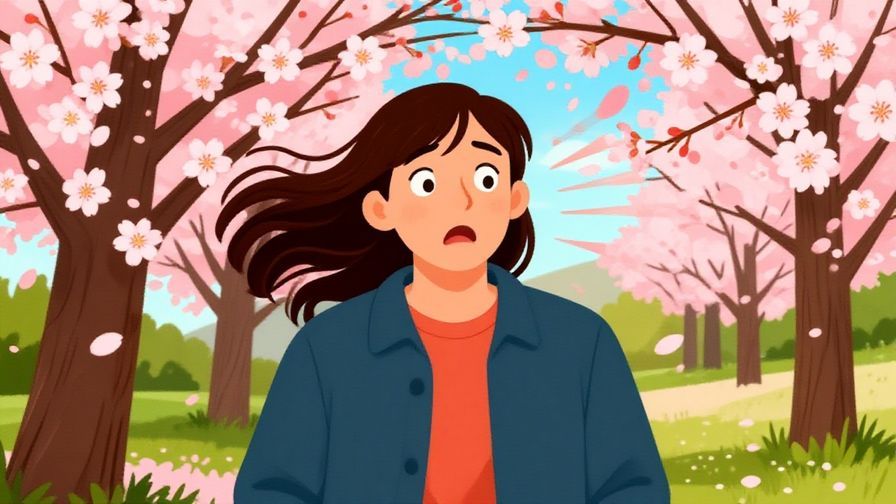 Illustration%20of%20a playful wind blowing cherry blossoms around a surprised person, symbolizing fate’s mischievous nature, detailed background, vibrant colors, illustrated style