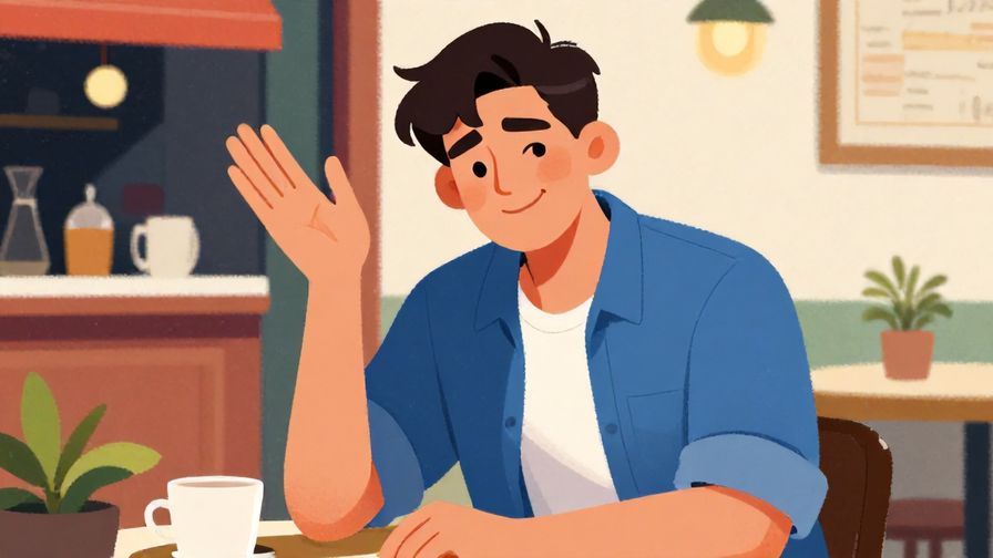 Illustration%20of%20a playful young man with a slightly teasing smile, hand raised as if insisting, casual street cafe scene, vibrant colors, illustrated style