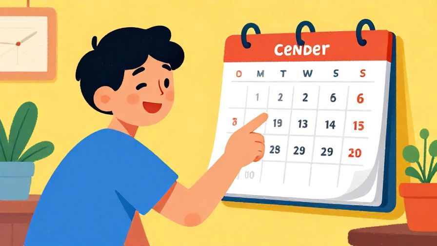 Illustration%20of%20a playful young person grinning and pointing at a calendar, informal tone, vibrant room, illustrated style