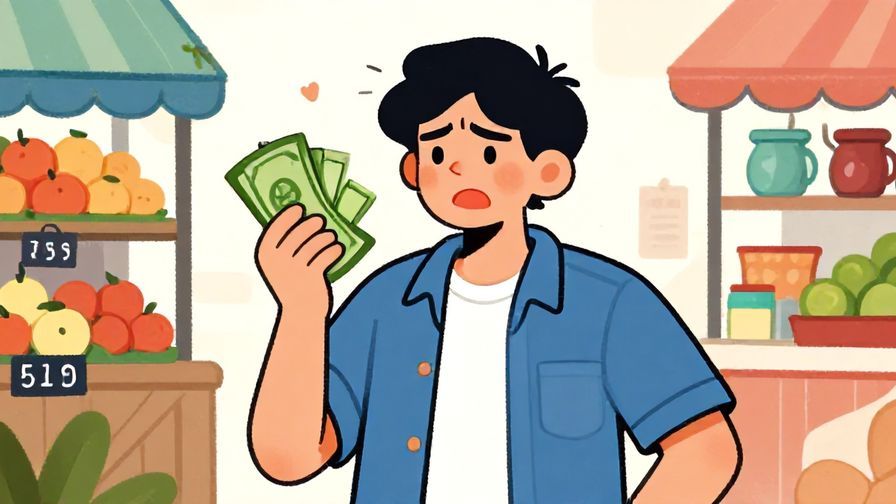 Illustration%20of%20a playful%20person%20holding%20cash%20with%20an%20exasperated%20smile%20in%20a%20casual%20market%20scene%2C%20vibrant%20colors%2C%20illustrated%20style