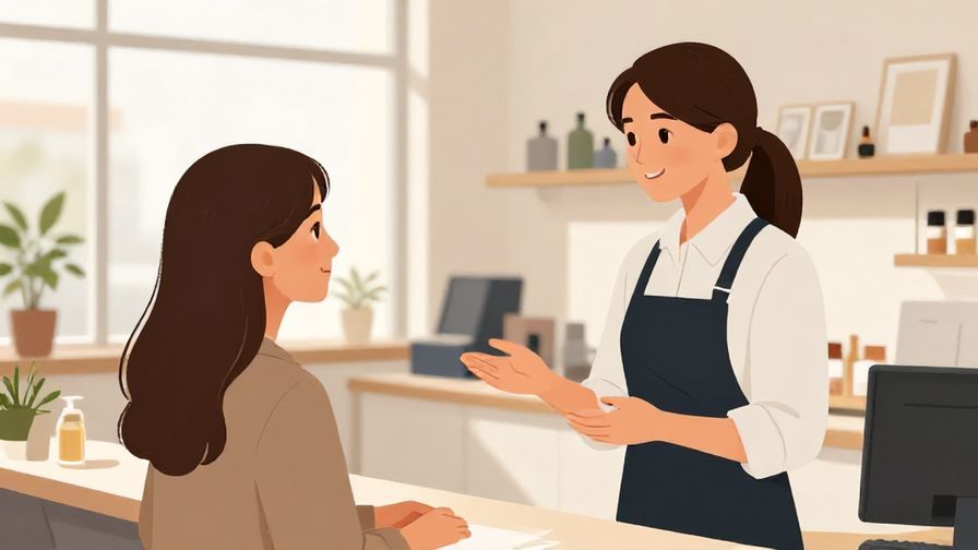 Illustration%20of%20a polite attendant asking a customer a question with a gentle smile%2C modern shop interior%2C natural lighting%2C illustrated style