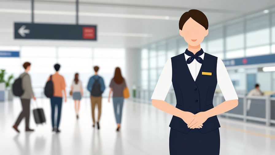Illustration%20of%20a polite attendant guiding people leftwards in an airport or station, professional attire, bright setting, illustrated style