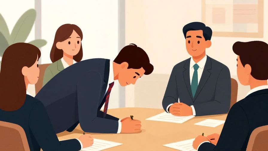 Illustration%20of%20a polite business meeting%20where%20one%20person%20is%20bowing%20apologetically%20while%20others%20listen%20calmly%2C%20formal%20setting%2C%20vibrant%20colors%2C%20illustrated%20style
