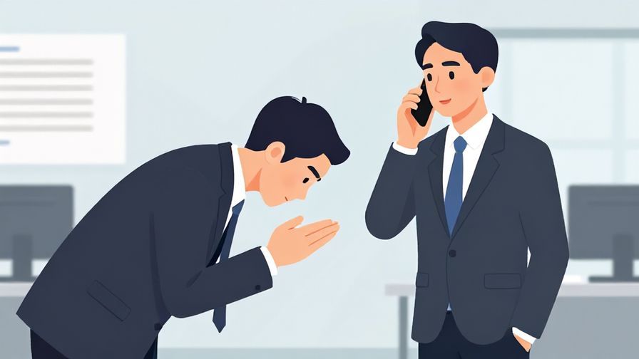 Illustration%20of%20a polite businessperson bowing slightly while speaking on the phone, calm office background