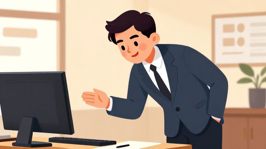 Illustration%20of%20a polite businessperson smiling and slightly bowing, formal office background, warm lighting, vibrant colors, illustrated style