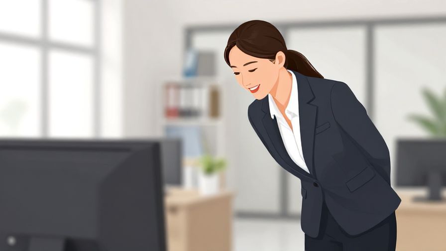 Illustration%20of%20a polite businesswoman smiling and bowing slightly, office background, respectful and friendly environment, illustrated style