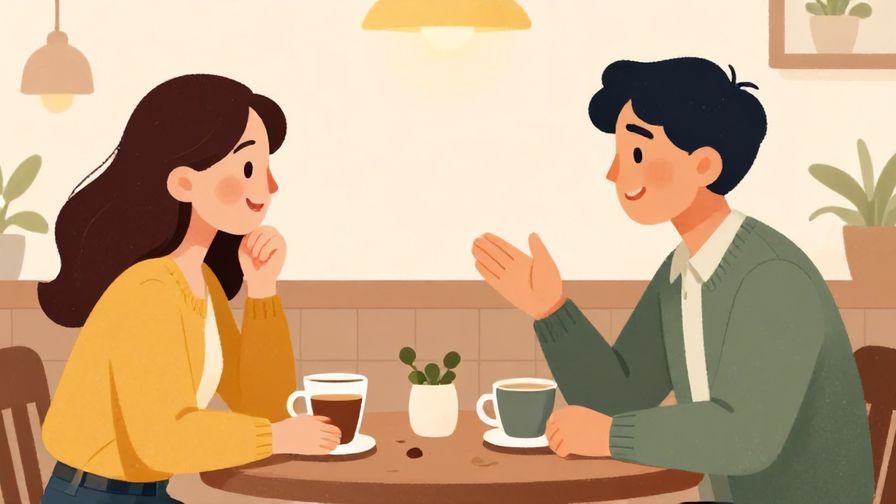 Illustration%20of%20a polite conversation between colleagues at a cafe, warm and friendly atmosphere, clear lighting, illustrated style