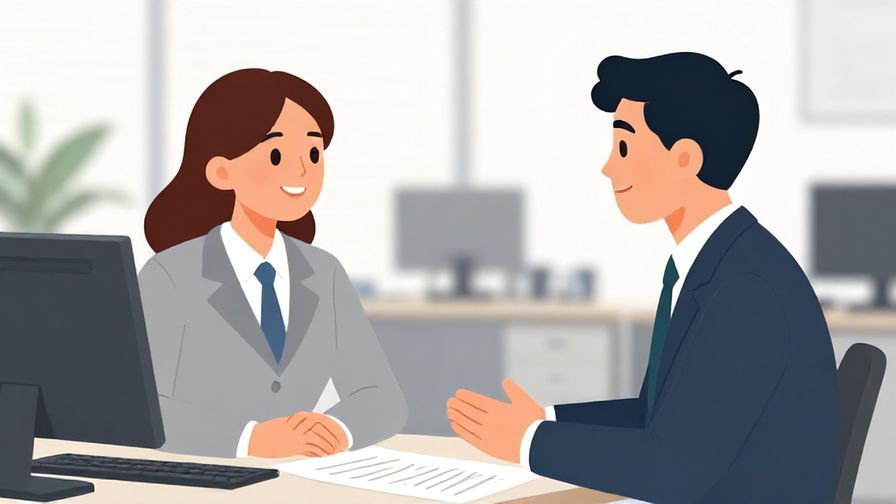 Illustration%20of%20a polite conversation between colleagues in an office, one person smiling encouragingly, professional atmosphere