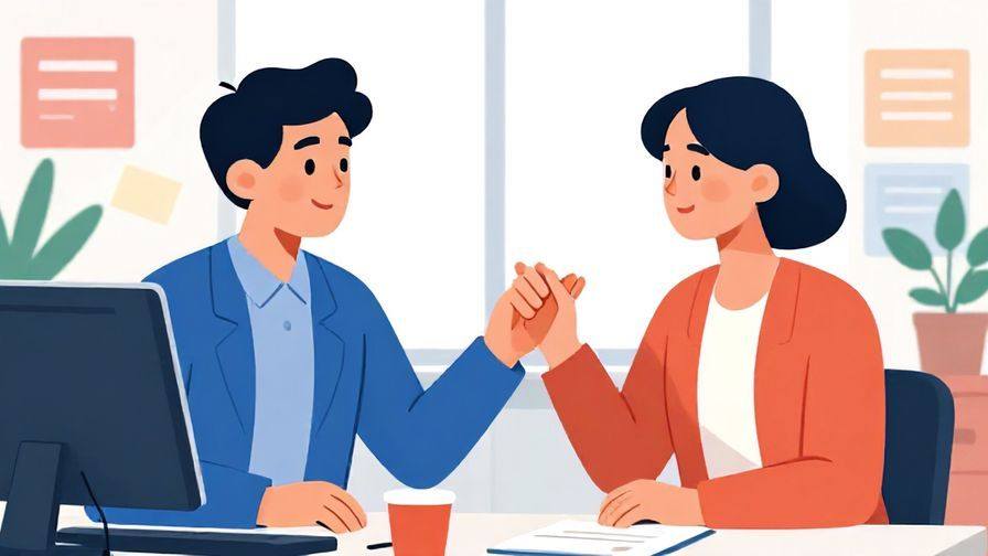 Illustration%20of%20a polite conversation between two office workers with one gently reminding the other, modern office background, vibrant colors, illustrated style