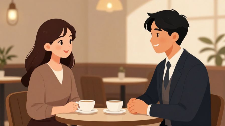 Illustration%20of%20a polite conversation with gentle smiles and soft lighting, formal cafe atmosphere