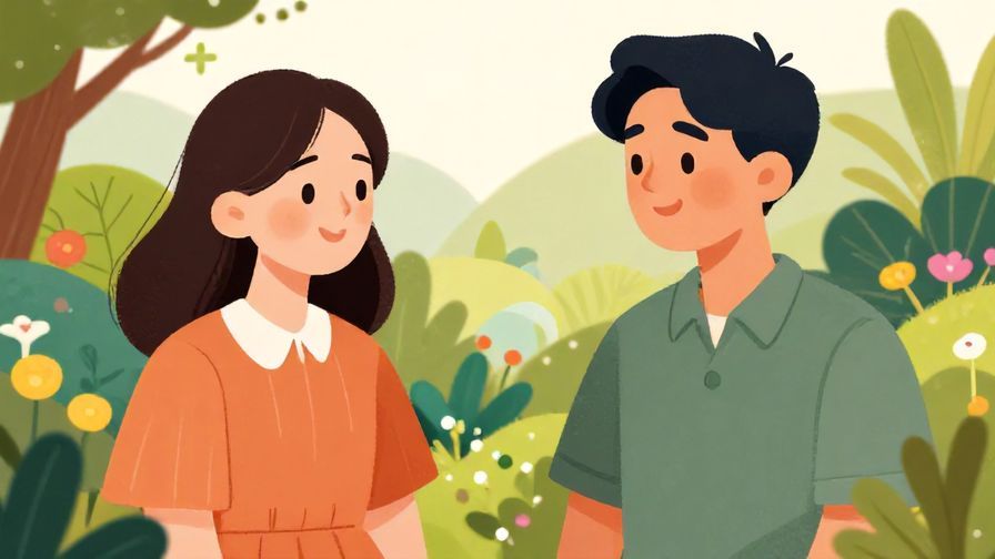 Illustration%20of%20a polite conversation%20between%20two%20people%20smiling%20respectfully%2C%20garden%20background%2C%20vibrant%20colors%2C%20illustrated%20style