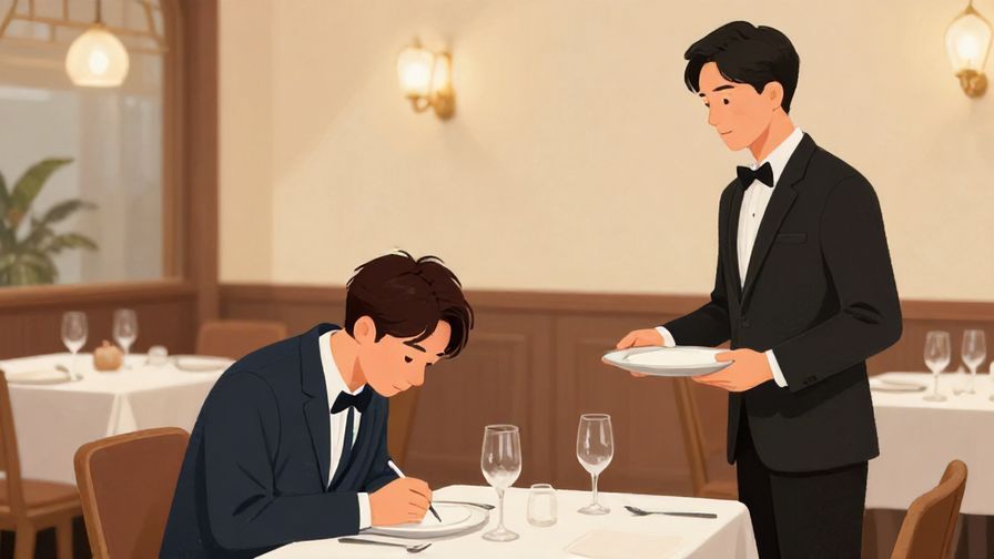 Illustration%20of%20a polite customer bowing slightly while speaking with a waiter in a refined restaurant, warm and elegant colors, illustrated style