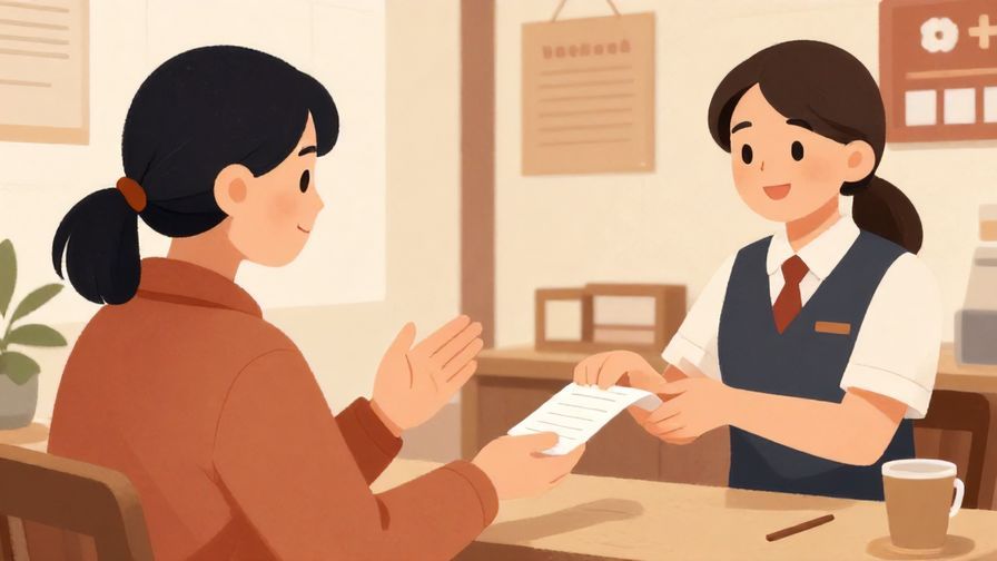 Illustration%20of%20a polite customer gesturing gently asking a clerk to retrieve a receipt, traditional store background, warm colors, illustrated style