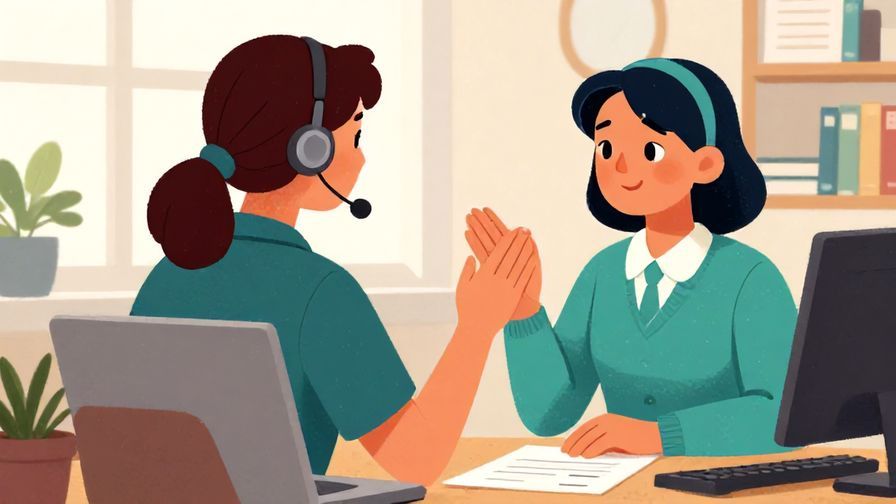 Illustration%20of%20a polite customer service employee with a kind expression asking for patience, indoor setting, vibrant illustrated style