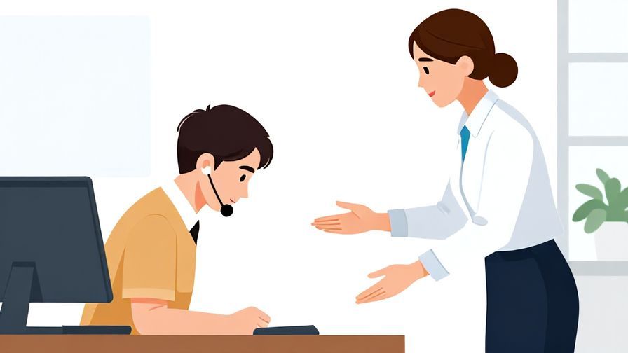 Illustration%20of%20a polite customer service representative bowing slightly while gesturing, clean office background, bright colors, illustrated style