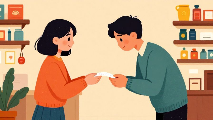 Illustration%20of%20a polite customer softly requesting a receipt, subtle bow, warm shop interior, vibrant colors, illustrated style