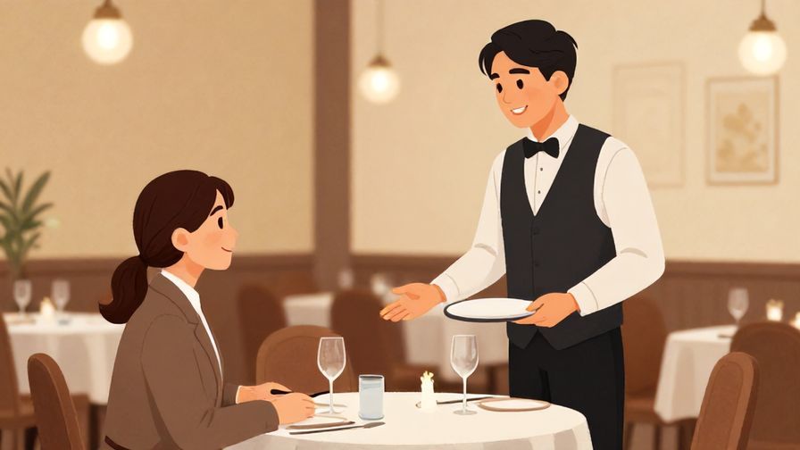 Illustration%20of%20a polite customer speaking softly with a waiter, elegant restaurant interior, warm lighting, illustrated style