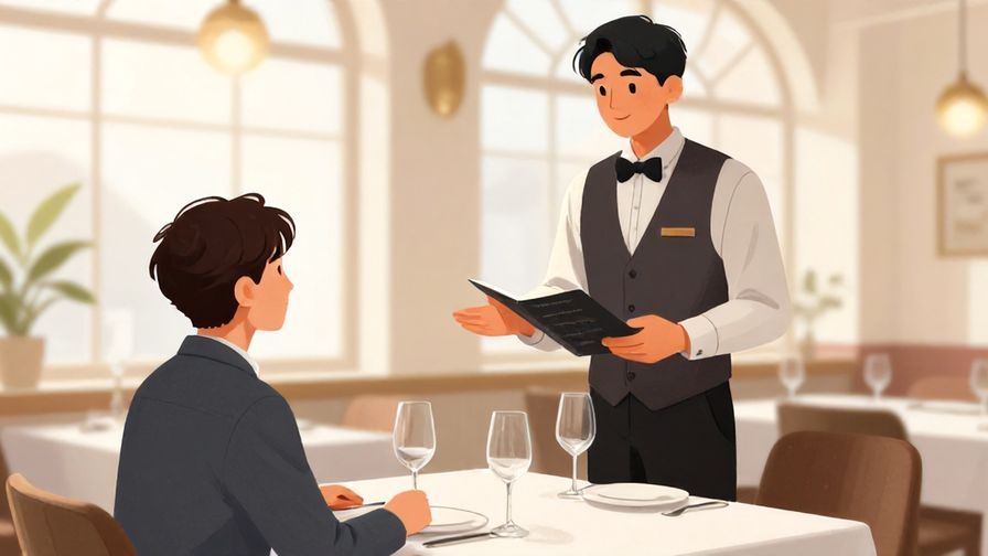 Illustration%20of%20a polite customer%20asking a waiter%20about the menu%20in a stylish restaurant%2C bright lighting%2C illustrated style