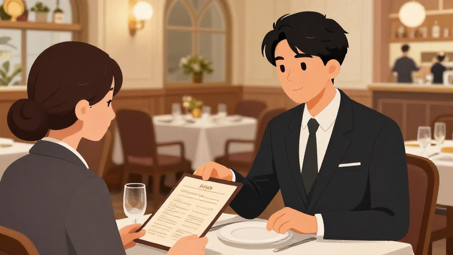 Illustration%20of%20a polite customer%20asking%20permission%20to%20see%20a%20menu%20in%20an%20upscale%20restaurant%2C%20warm%20elegant%20interior%2C%20illustrated%20style