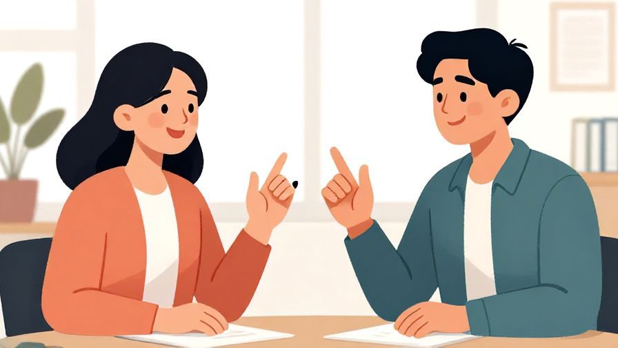 Illustration%20of%20a polite discussion with two people smiling and gesturing rock paper scissors hands, bright office background, illustrated style