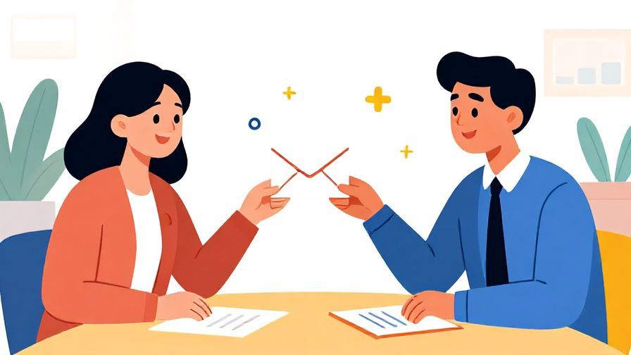 Illustration%20of%20a polite email exchange scene, two professionals exchanging smiles across a conference table, office background, vibrant colors, illustrated style