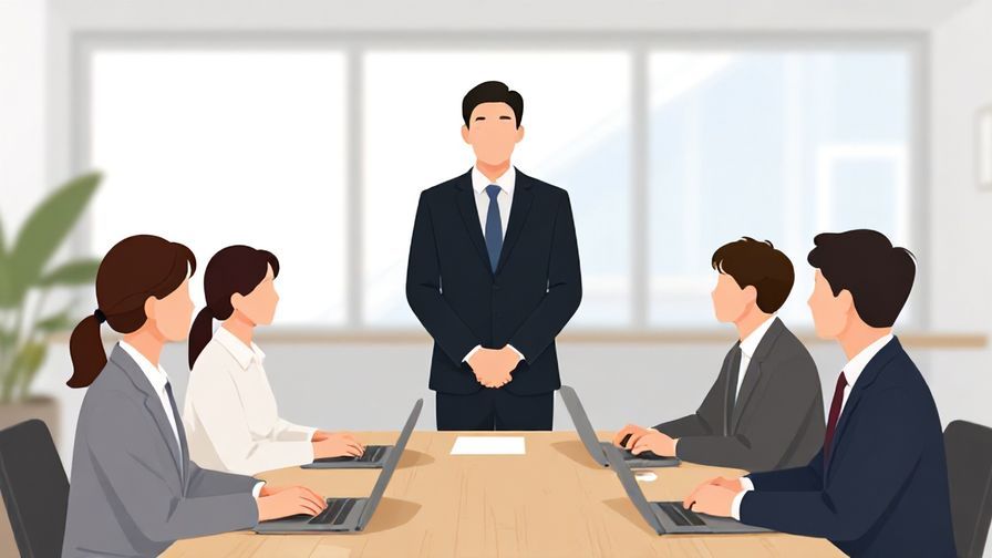 Illustration%20of%20a polite farewell scene between coworkers leaving a meeting room, bright office background, illustrated style