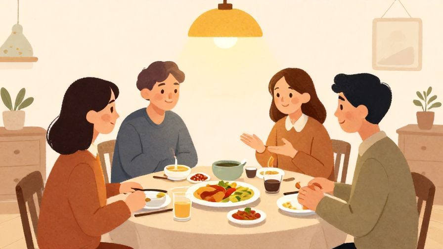 Illustration%20of%20a polite group of people gently suggesting mealtime%2C warm indoor lighting%2C calm and friendly atmosphere%2C illustrated style