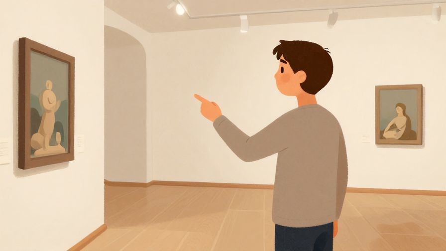 Illustration%20of%20a polite guide showing direction to the left side in a museum or gallery, soft indoor lighting, illustrated style