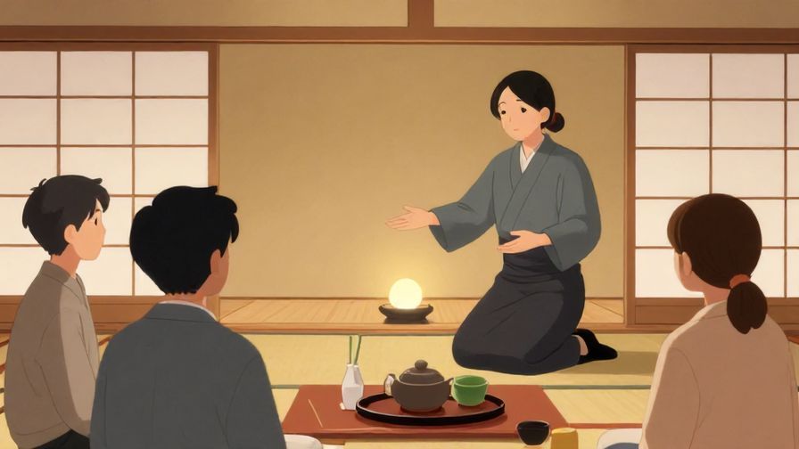 Illustration%20of%20a polite host gesturing welcomingly to guests at a serene Japanese-style room, soft lighting, warm and inviting atmosphere.