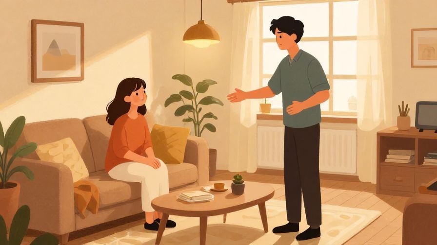 Illustration%20of%20a polite host gracefully inviting a guest to sit and relax in a cozy living room, warm lighting, illustrated style