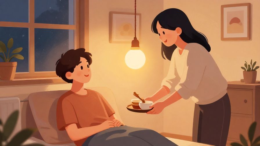 Illustration%20of%20a polite host offering a comfortable place to rest, gentle smile, evening indoor scene, warm lighting