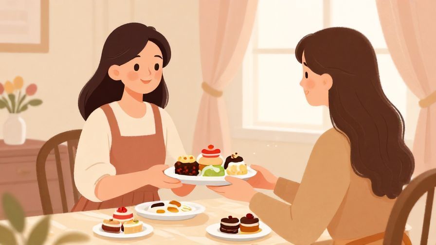 Illustration%20of%20a polite host offering a guest a variety of sweets with a gentle smile, elegant room, soft warm colors.