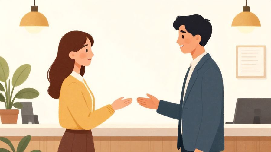 Illustration%20of%20a polite meeting between two people in a reception hall, smiling respectfully, bright interior, illustrated style