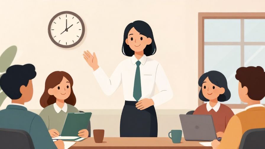 Illustration%20of%20a polite office worker announcing break time to colleagues, with friendly smiles and a clock in the background, illustrated style