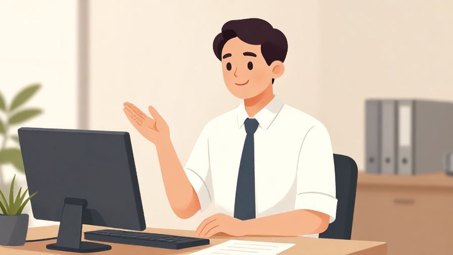 Illustration%20of%20a polite office worker gesturing with a calm smile, indoor office setting, warm lighting, illustrated style