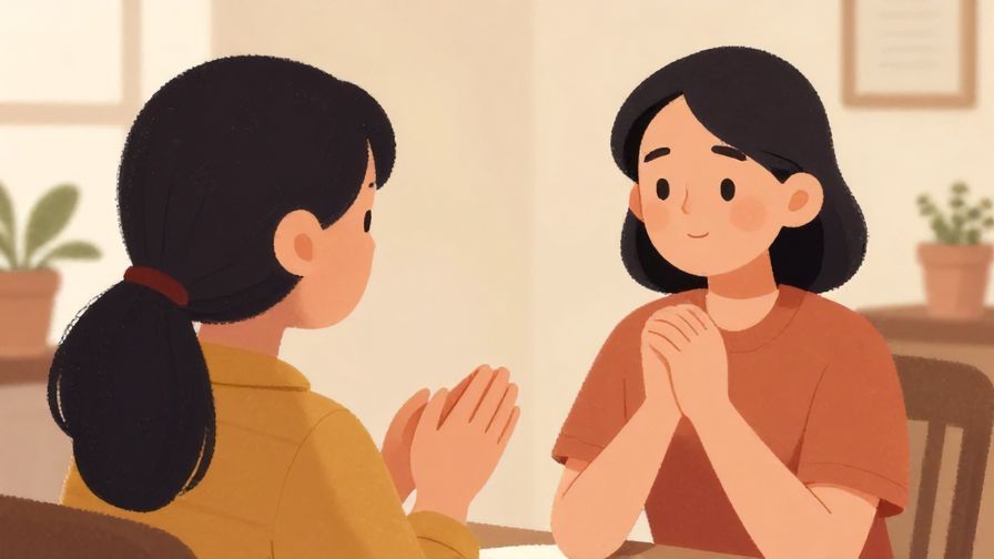 Illustration%20of%20a polite person asking a gentle question with hands folded, indoor setting, soft warm colors, illustrated style