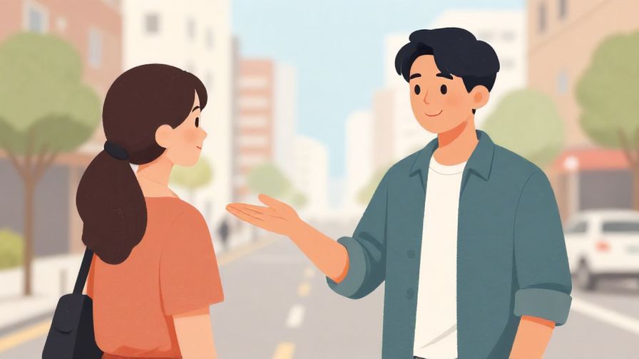 Illustration%20of%20a polite person asking a passerby for directions with a gentle smile%2C%20urban%20background%2C%20illustrated%20style