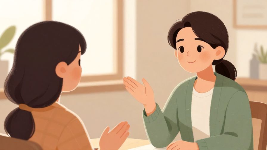Illustration%20of%20a polite person asking about current activities with a gentle smile, indoors, bright and welcoming atmosphere, illustrated style