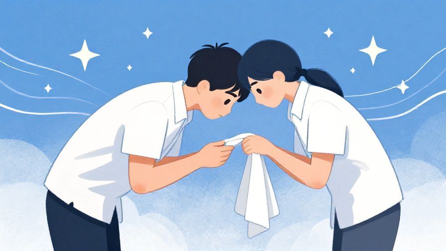 Illustration%20of%20a polite person bowing slightly while making a request for a towel, surrounded by stars and gentle waves, illustrated style