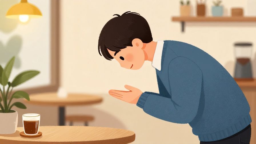Illustration%20of%20a polite person bowing slightly%2C making a gentle hand gesture for slowing down%2C cozy cafe background%2C bright colors%2C illustrated style